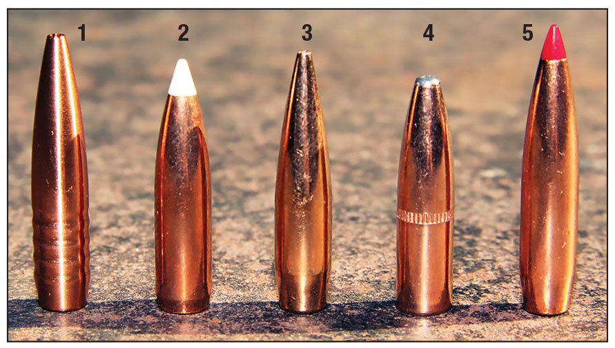 Bullets used to test the 243 Winchester barrel included: (1) Hammer Bullets’ 88-grain Hammer Hunter, (2) Nosler’s 90-grain AccuBond, (3) Berger’s 95-grain VLD Hunting, (4) Speer’s 100-grain Grand Slam and (5) Hornady’s 103-grain ELD-X.